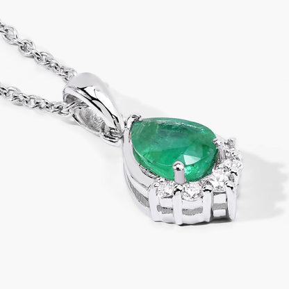 0.65 Ct Pear Green Zambian Emerald & Lab Diamond Prong Silver Teardrop Pendant Necklace