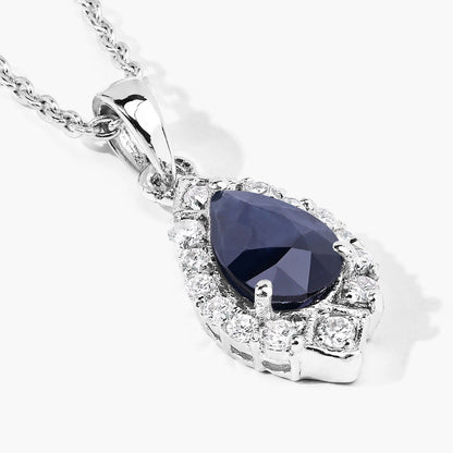 0.80 Ct Pear Blue Sapphire & Lab Diamond Prong Silver Teardrop Halo Pendant Necklace