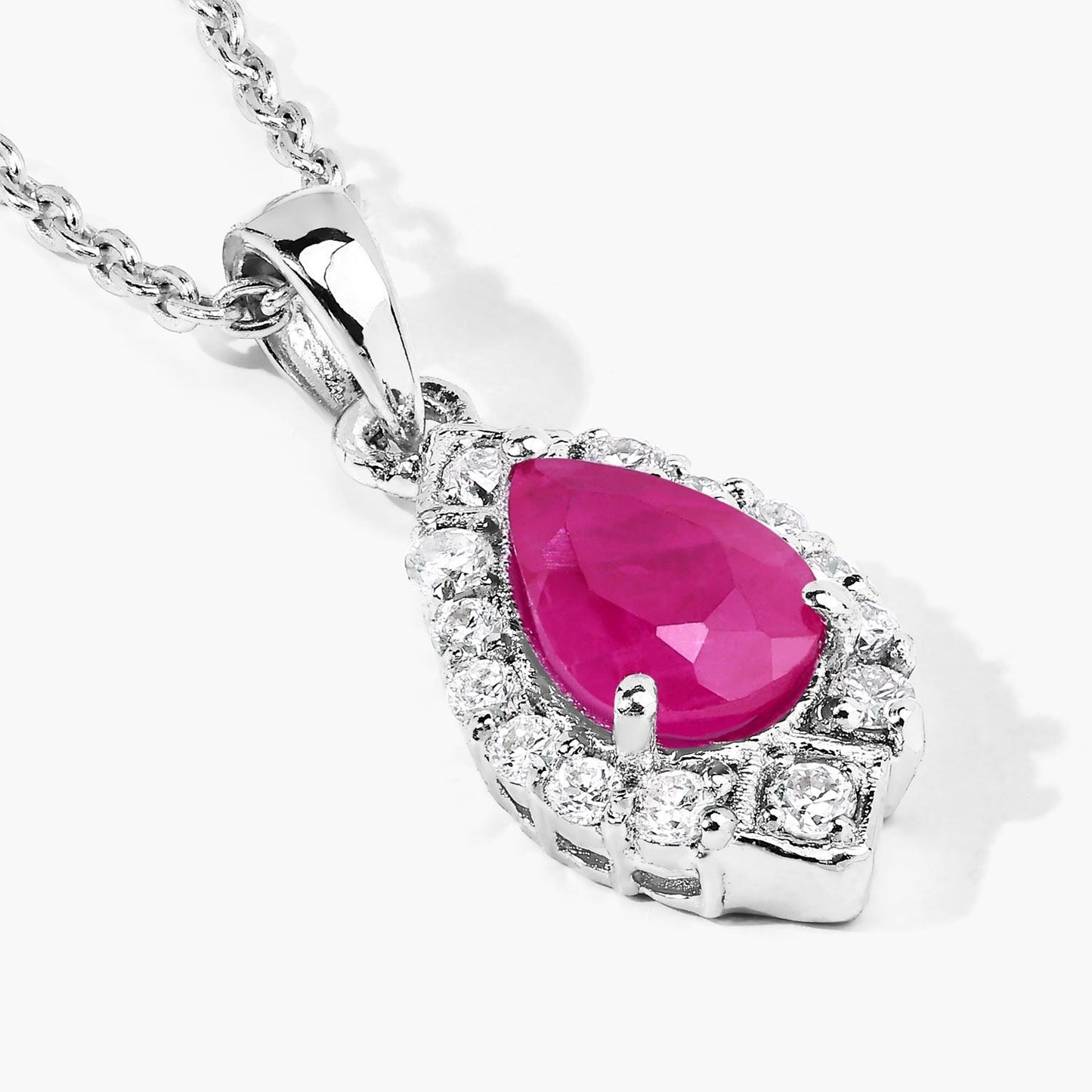 0.80 Ct Pear Pink Mozambique Ruby & Lab Diamond Prong Silver Teardrop Halo Pendant Necklace