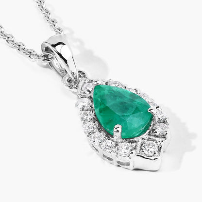 0.65 Ct Pear Green Zambian Emerald & Lab Diamond Prong Silver Teardrop Halo Pendant Necklace