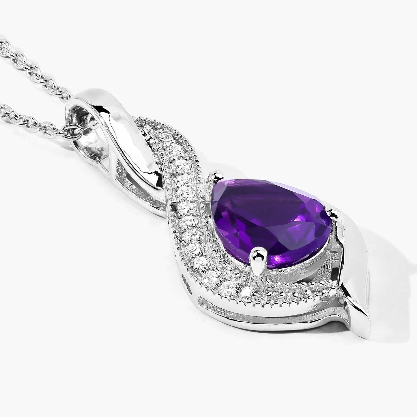 1.40 Ct Pear Purple Amethyst & Lab Diamond Prong Silver Teardrop Crossover Pendant Necklace