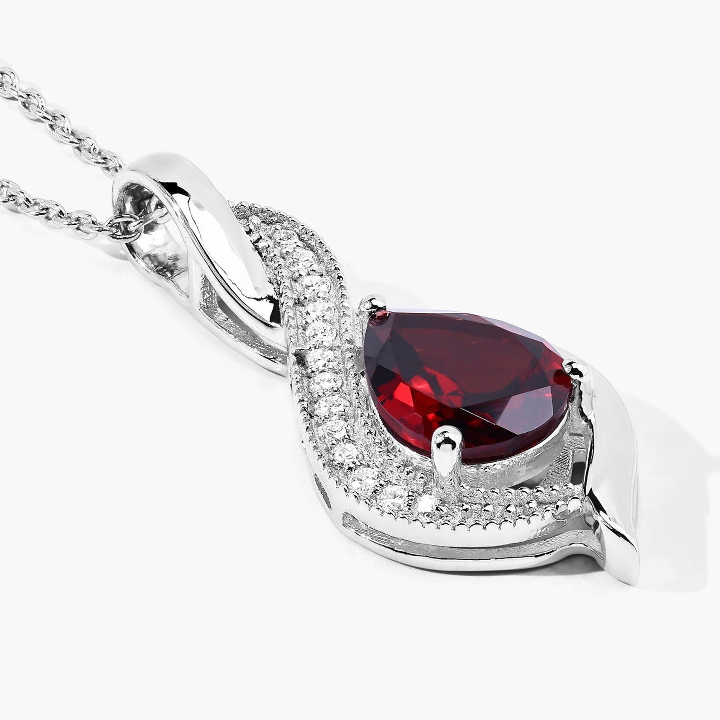 1.80 Ct Pear Red Mozambique Garnet & Lab Diamond Prong Silver Teardrop Crossover Pendant Necklace
