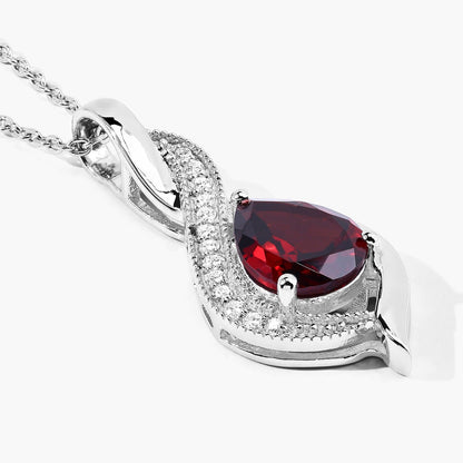 1.80 Ct Pear Red Mozambique Garnet & Lab Diamond Prong Silver Teardrop Crossover Pendant Necklace