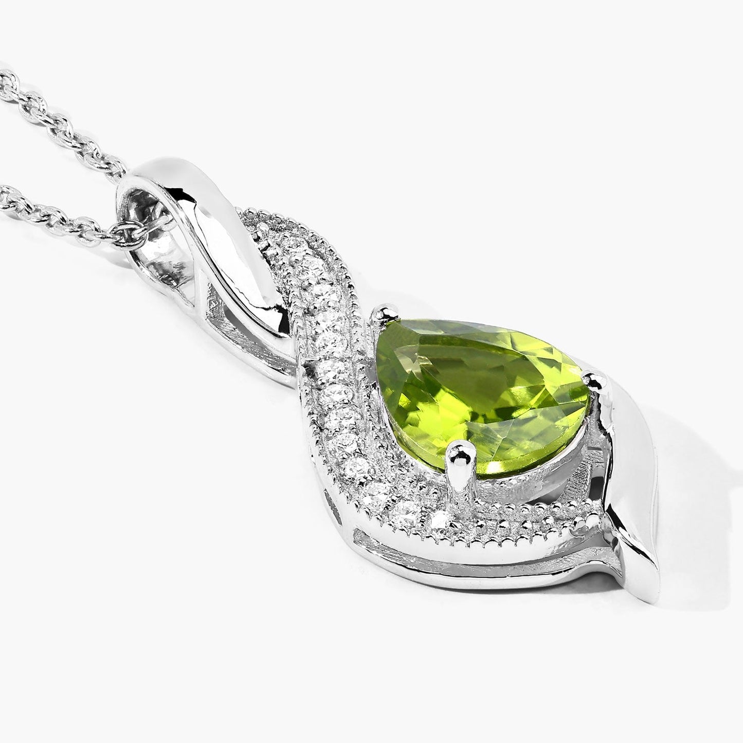 1.46 Ct Pear Green Peridot & Lab Diamond Prong Silver Teardrop Crossover Pendant Necklace