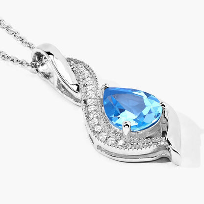 1.90 Ct Pear Swiss Blue Topaz & Lab Diamond Prong Silver Teardrop Crossover Pendant Necklace