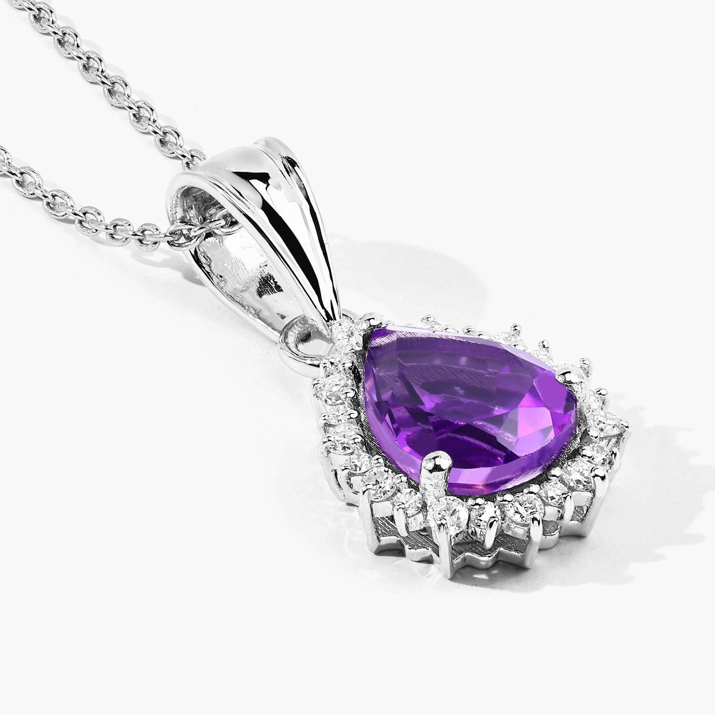 2.10 Ct Pear Purple Amethyst & Lab Diamond Prong Silver Halo Teardrop Pendant Necklace
