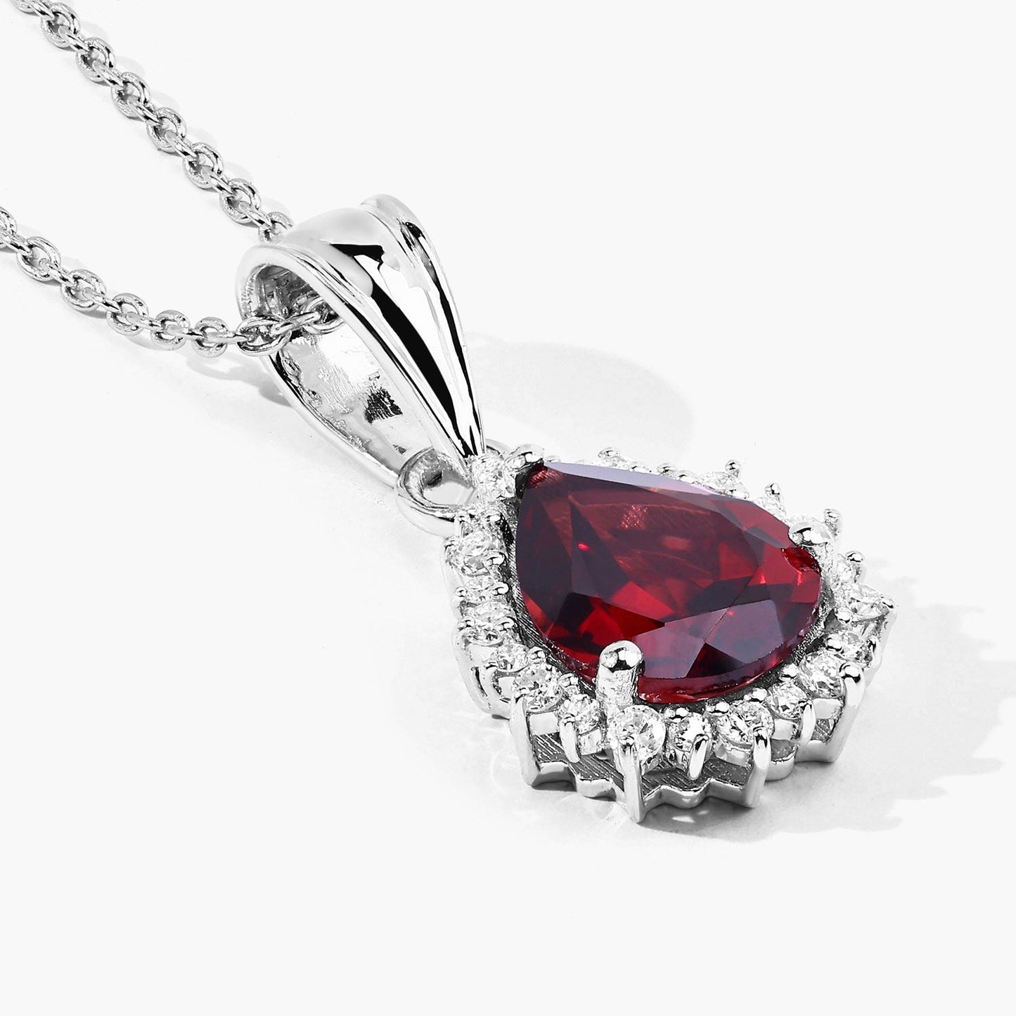 2.45 Ct Pear Red Mozambique Garnet & Lab Diamond Prong Silver Halo Teardrop Pendant Necklace