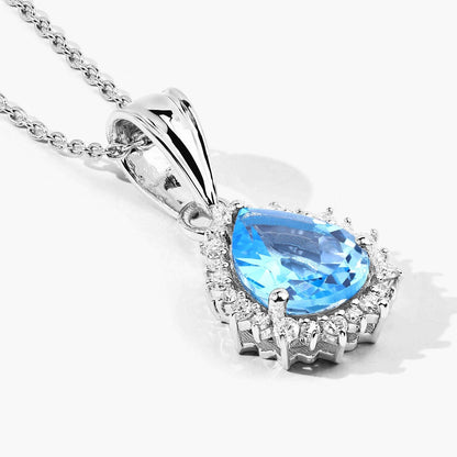 2.60 Ct Pear Swiss Blue Topaz & Lab Diamond Prong Silver Halo Teardrop Pendant Necklace
