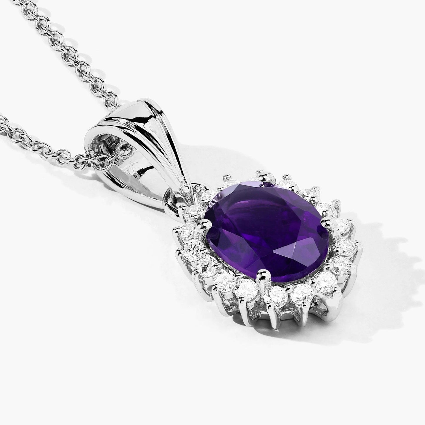 1.60 Ct Oval Purple Amethyst & Lab Diamond Prong Silver Halo Pendant Necklace