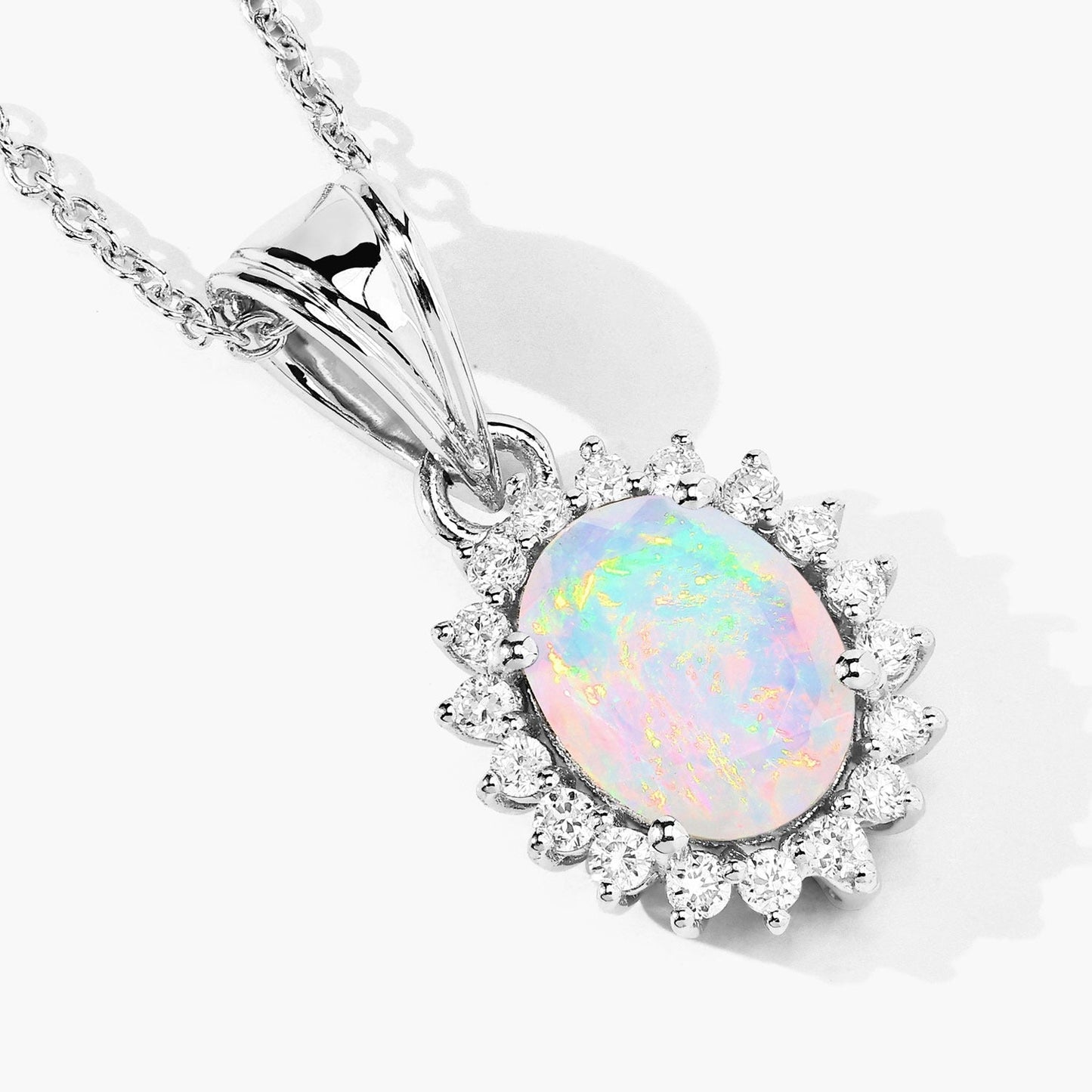 0.90 Ct Oval White Ethiopian Opal & Lab Diamond Prong Silver Halo Pendant Necklace