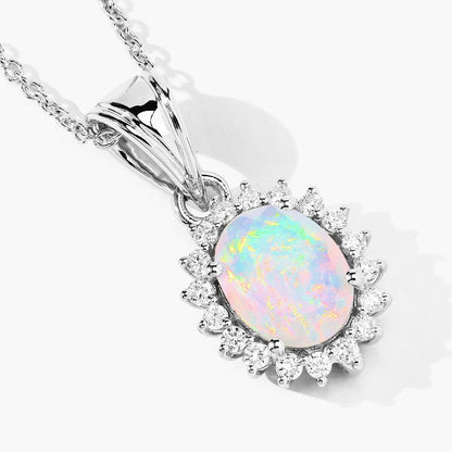 0.90 Ct Oval White Ethiopian Opal & Lab Diamond Prong Silver Halo Pendant Necklace
