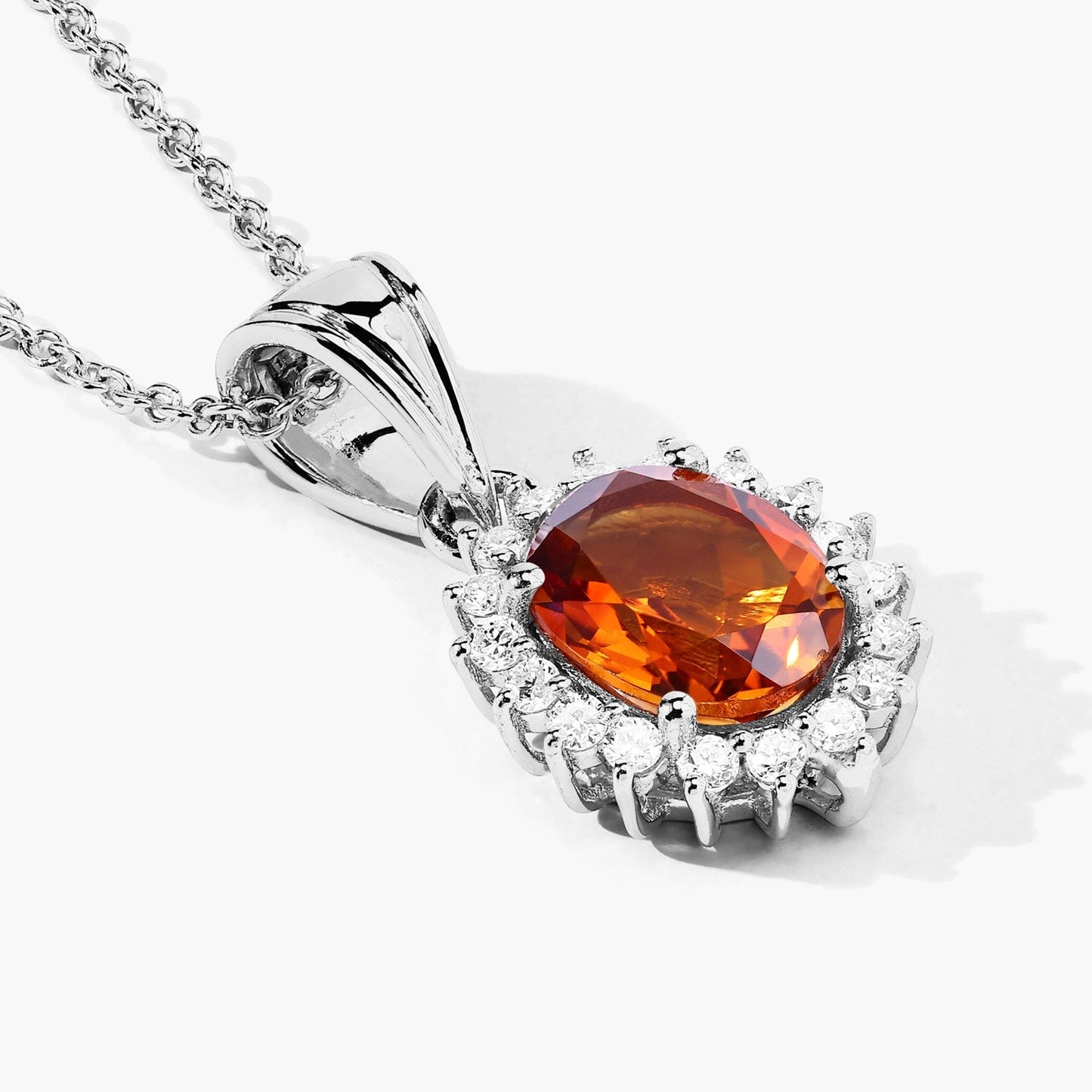 1.70 Ct Oval Orange Madeira Citrine & Lab Diamond Prong Silver Halo Pendant Necklace