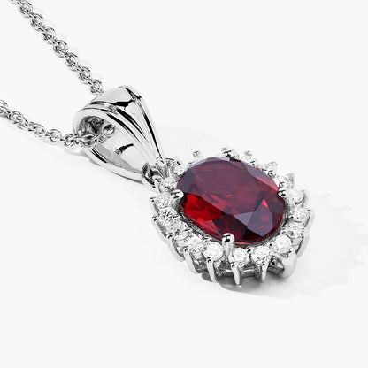 2 Ct Oval Red Mozambique Garnet & Lab Diamond Prong Silver Halo Pendant Necklace