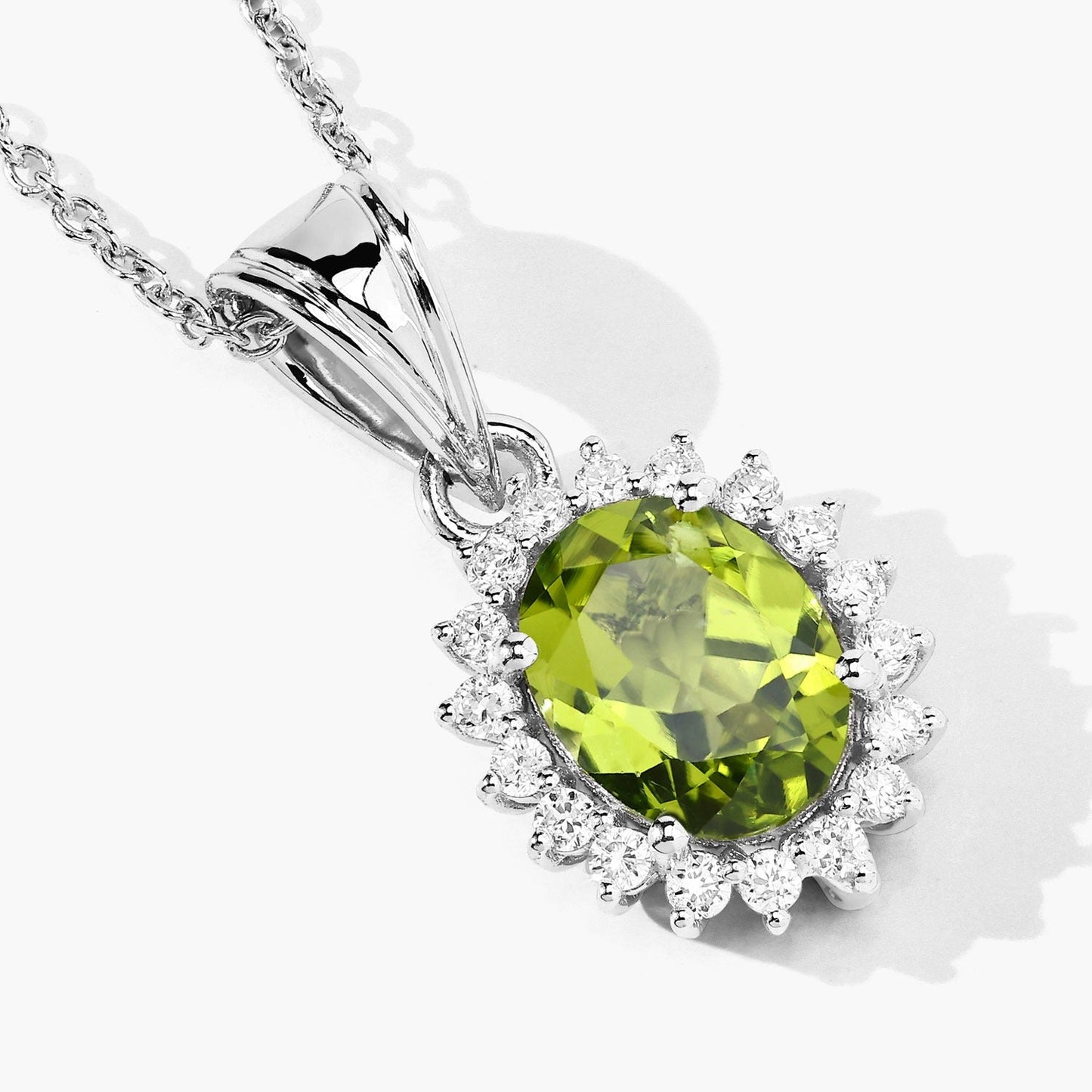 1.70 Ct Oval Green Peridot & Lab Diamond Prong Silver Halo Pendant Necklace