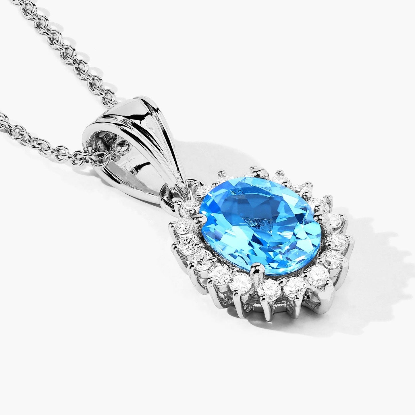 2 Ct Oval Swiss Blue Topaz & Lab Diamond Prong Silver Halo Pendant Necklace