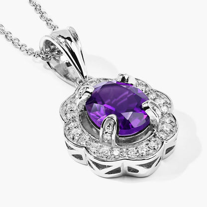 2.20 Ct Oval Purple Amethyst & Lab Diamond Prong Silver Halo Statement Pendant Necklace