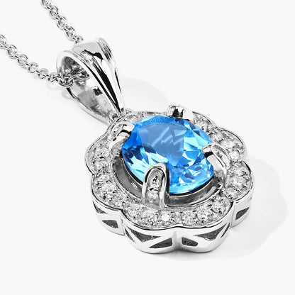 2.55 Ct Oval Swiss Blue Topaz & Lab Diamond Prong Silver Halo Statement Pendant Necklace