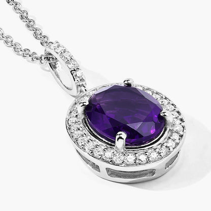 2.20 Ct Oval Purple Amethyst & Lab Diamond Prong Silver Halo Pendant Necklace