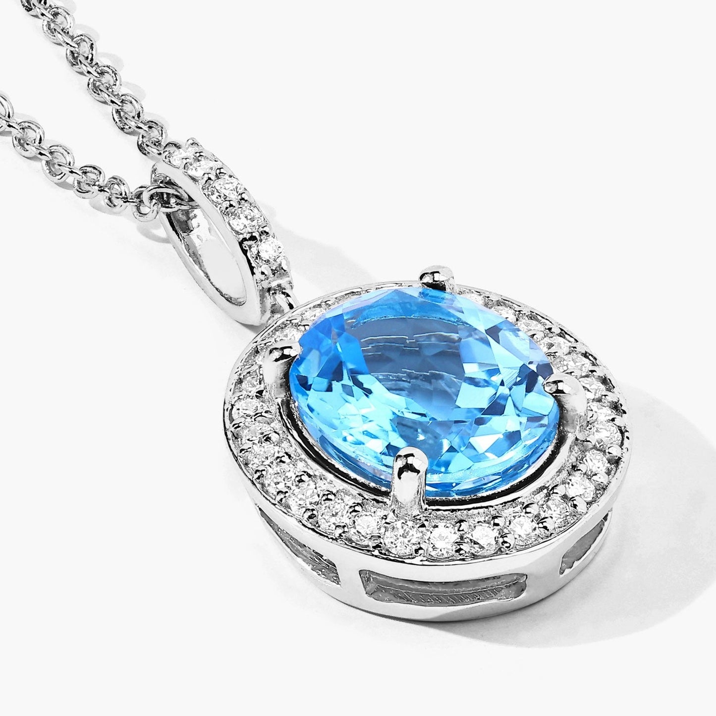 2.55 Ct Oval Swiss Blue Topaz & Lab Diamond Prong Silver Halo Pendant Necklace