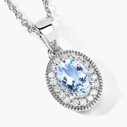 0.60 Ct Oval Blue Aquamarine & Lab Diamond Prong Silver Halo Pendant Necklace