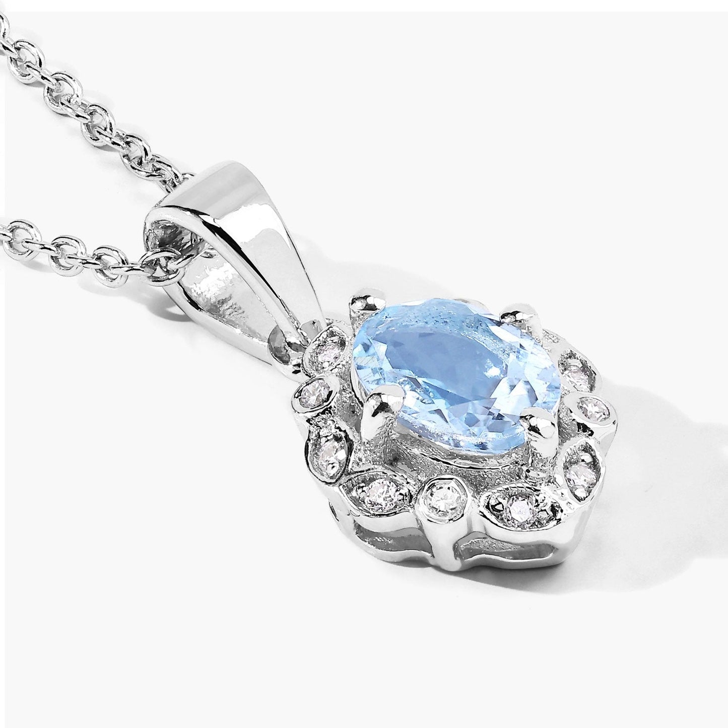 0.60 Ct Oval Blue Aquamarine & Lab Diamond Prong Silver Halo Statement Necklace