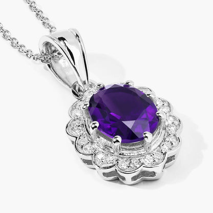2.20 Ct Oval Purple Amethyst & Lab Diamond Prong Silver Halo Floral Pendant Necklace