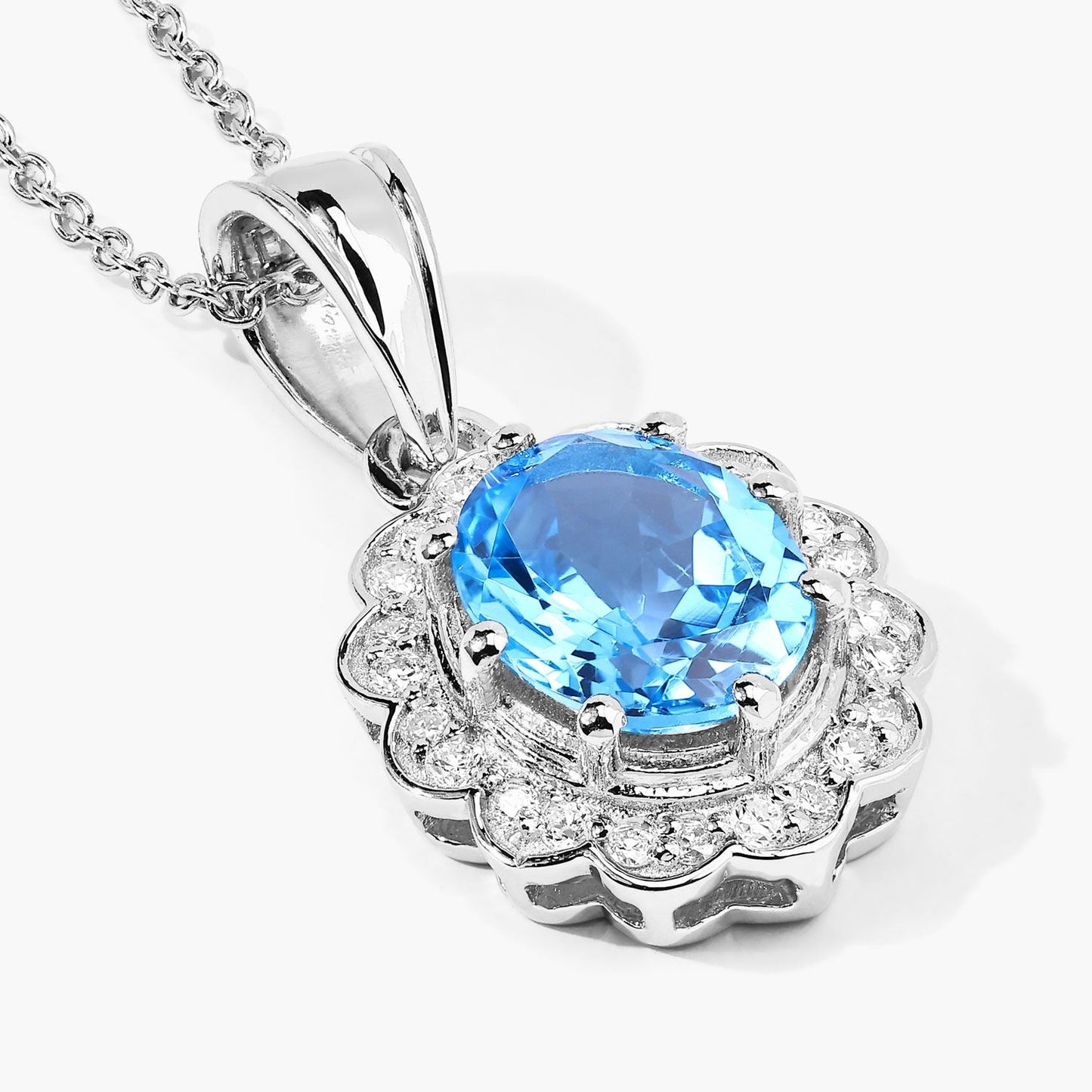 2.55 Ct Oval Swiss Blue Topaz & Lab Diamond Prong Silver Halo Floral Pendant Necklace