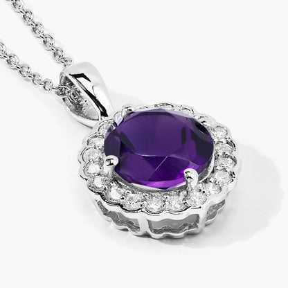 2.40 Ct Round Purple Amethyst & Lab Diamond Prong Silver Halo Floral Pendant Necklace