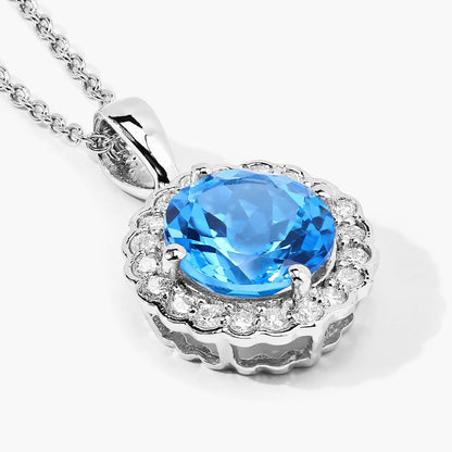 3.75 Ct Round Swiss Blue Topaz & Lab Diamond Prong Silver Halo Floral Pendant Necklace