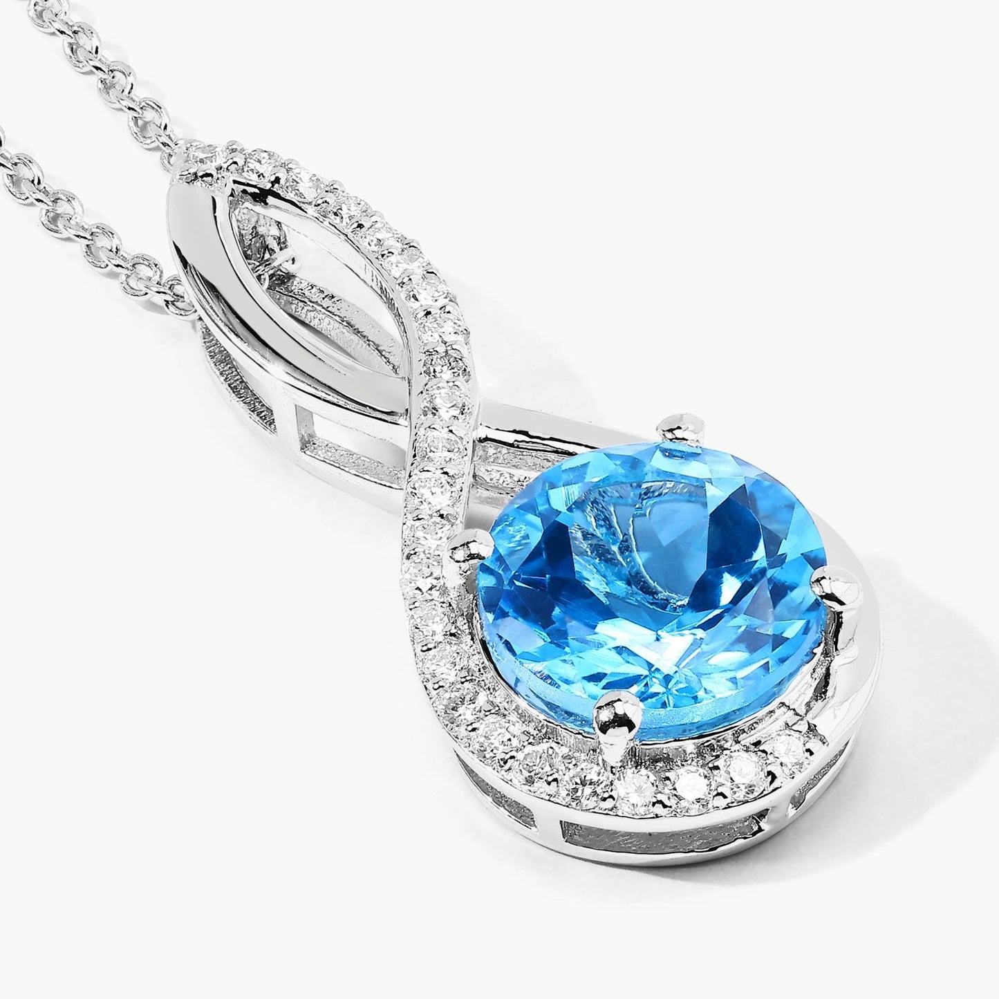 3.75 Ct Round Swiss Blue Topaz & Lab Diamond Prong Silver Crossover Pendant Necklace
