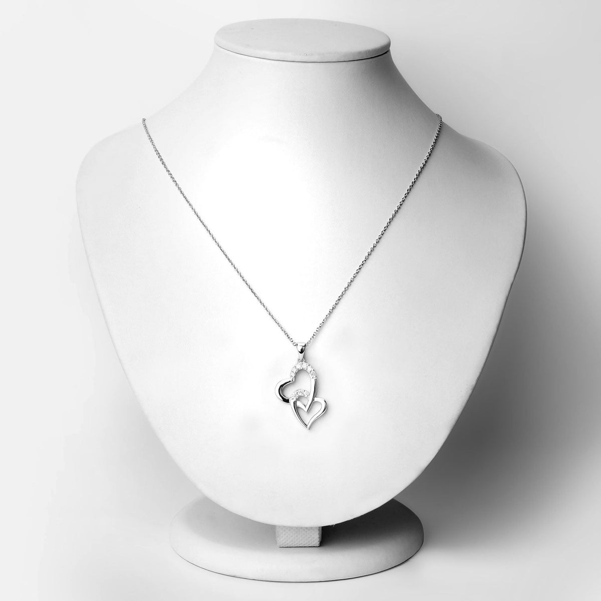 0.26 Cttw Round Lab Diamond Rhodium Plated Silver Intertwined Double Heart Pendant Necklace