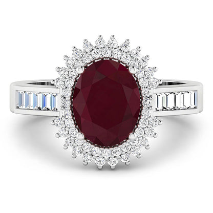 2.30 Ct Oval Pink Ruby & White Diamond Prong 14K White Gold Halo Cocktail Ring