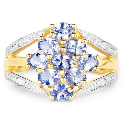 1.59 Ct Oval Violet Tanzanite Prong 14K Yellow Gold Plated Silver Cluster Split Shank Ring