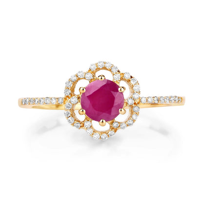 0.55 Ct Round Pink Ruby & Diamond Prong 14K Yellow Gold Halo Floral Ring