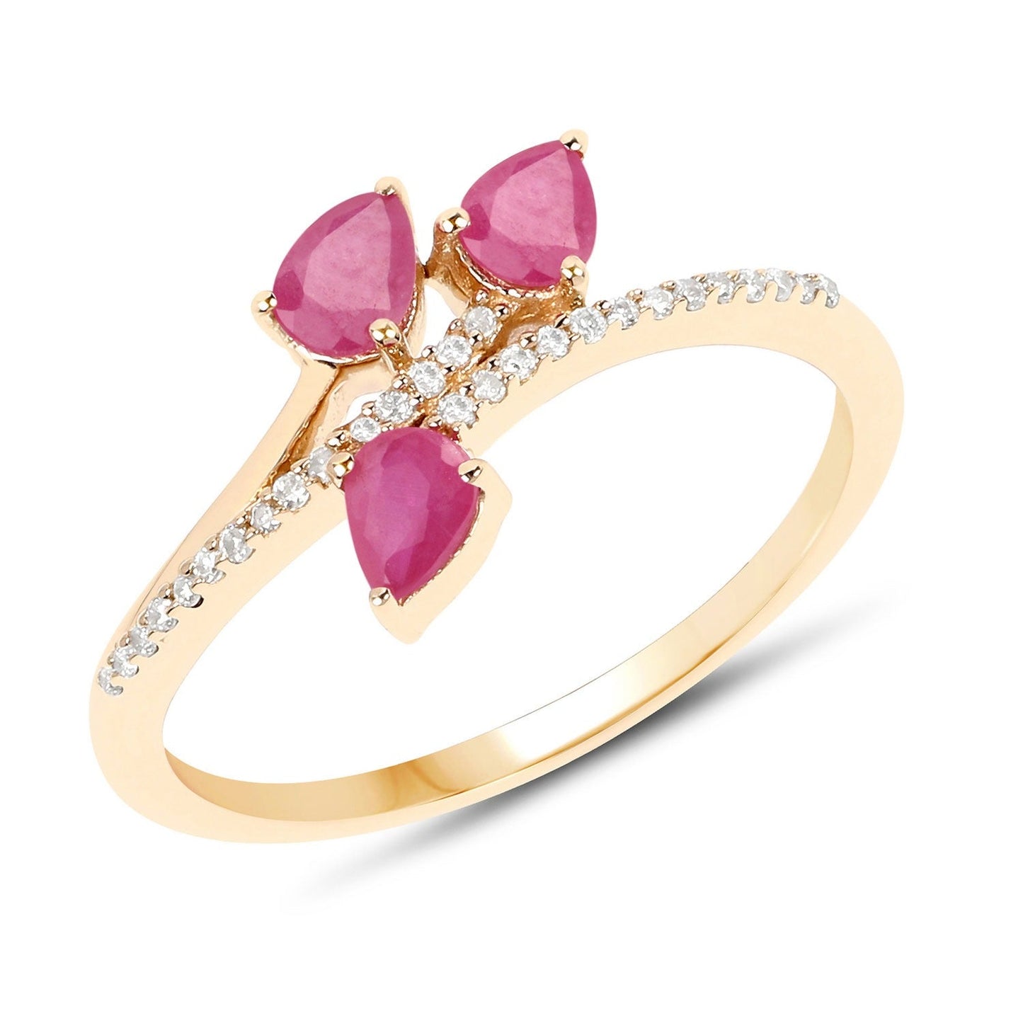 0.60 Ct Pear Pink Ruby & Diamond Prong 14K Yellow Gold Pave Bypass Three Stone Ring