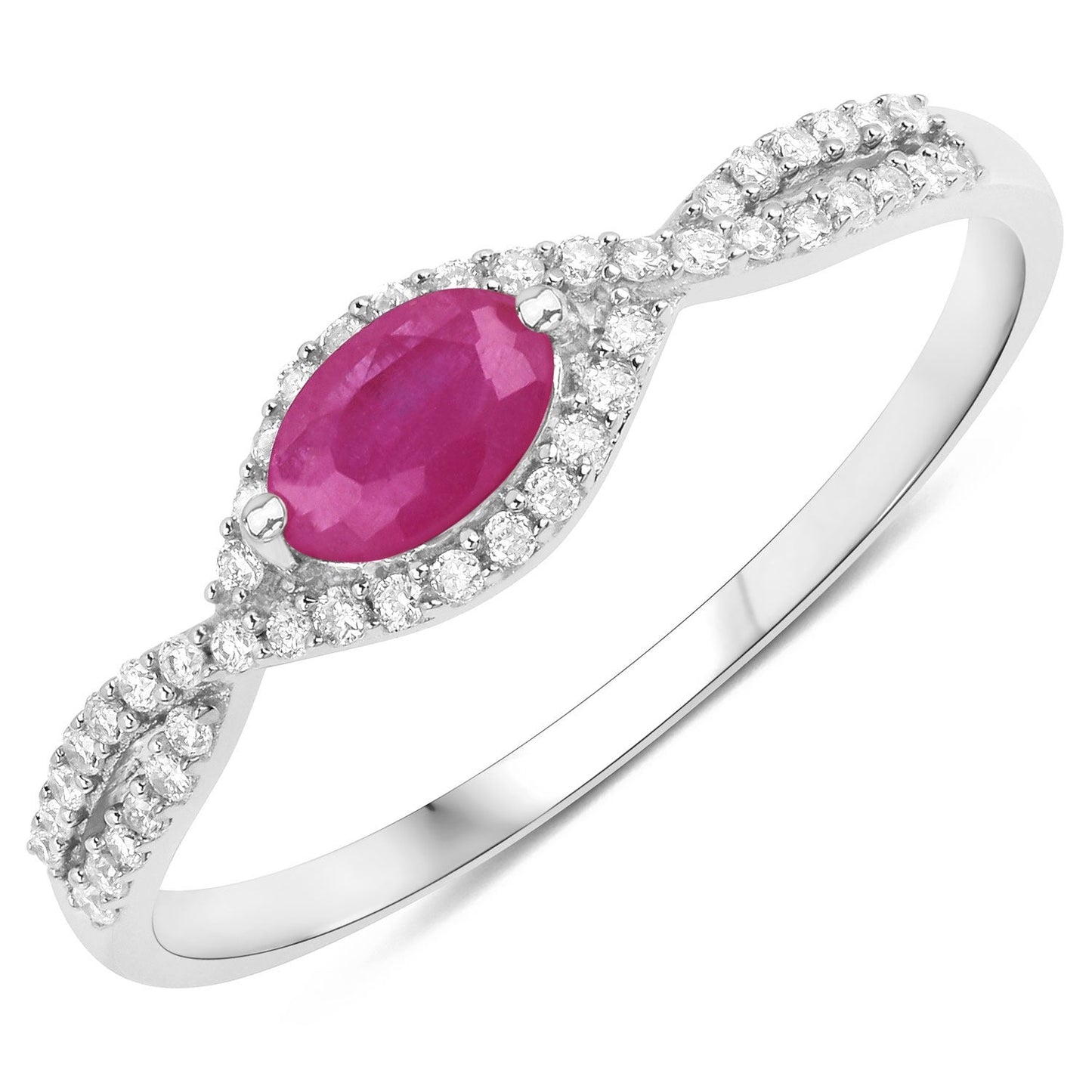 0.27 Ct Oval Pink Ruby & White Diamond Prong 14K White Gold Crossover Halo Ring