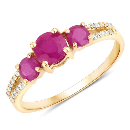 0.95 Ct Round Pink Ruby & Diamond Prong 14K Yellow Gold Pave Three Stone Split Shank Ring