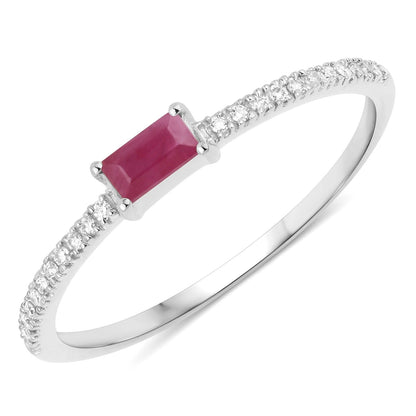 0.16 Ct Baguette Pink Ruby & Diamond Prong 14K White Gold Stackable Pave Ring