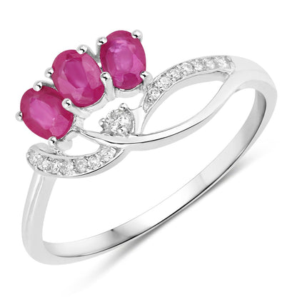 0.66 Ct Oval Pink Ruby & Diamond Prong 14K White Gold Pave Three Stone Knot Ring