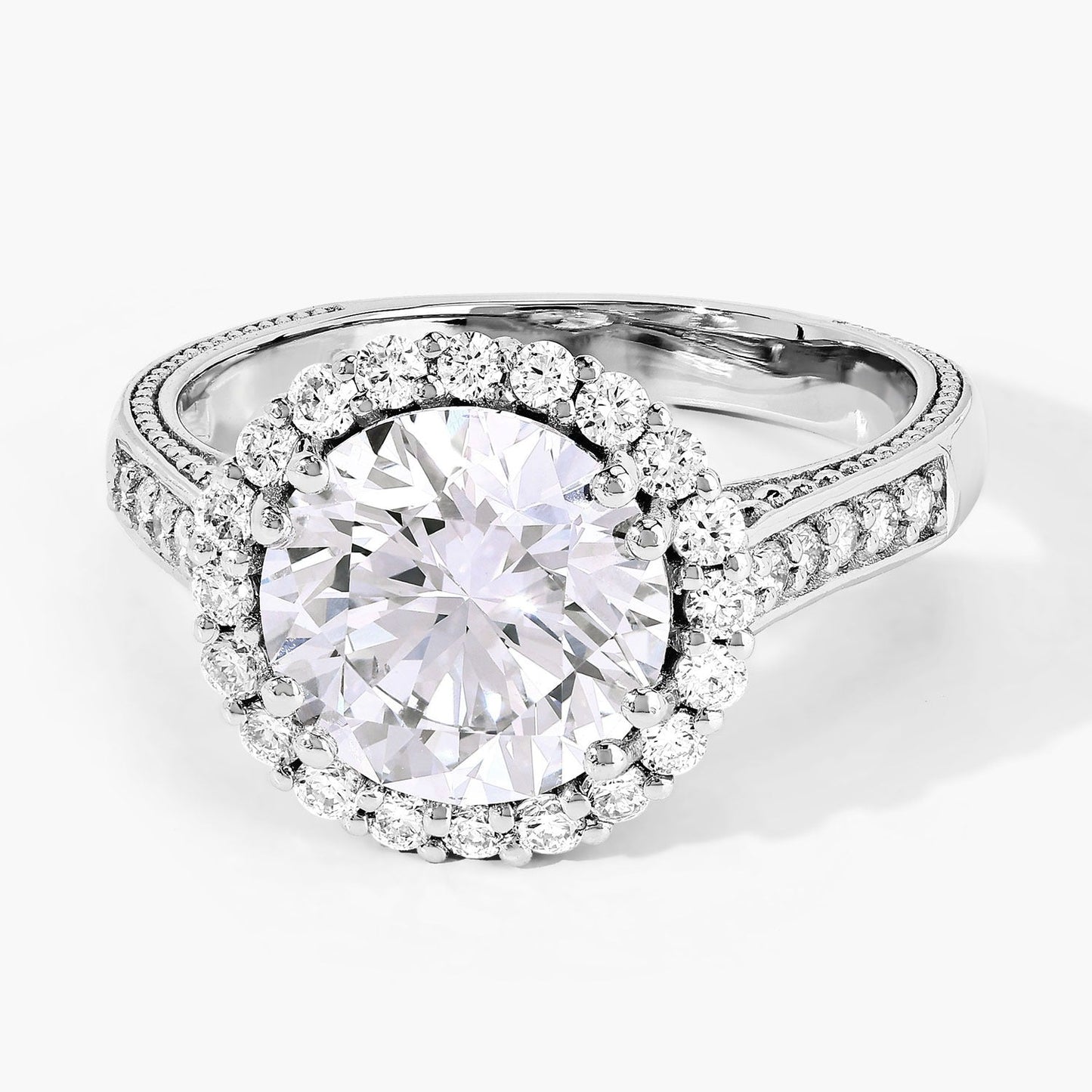 3.64 Ct Round Lab Diamond Prong Platinum Bridal Halo Pave Cathedral Ring