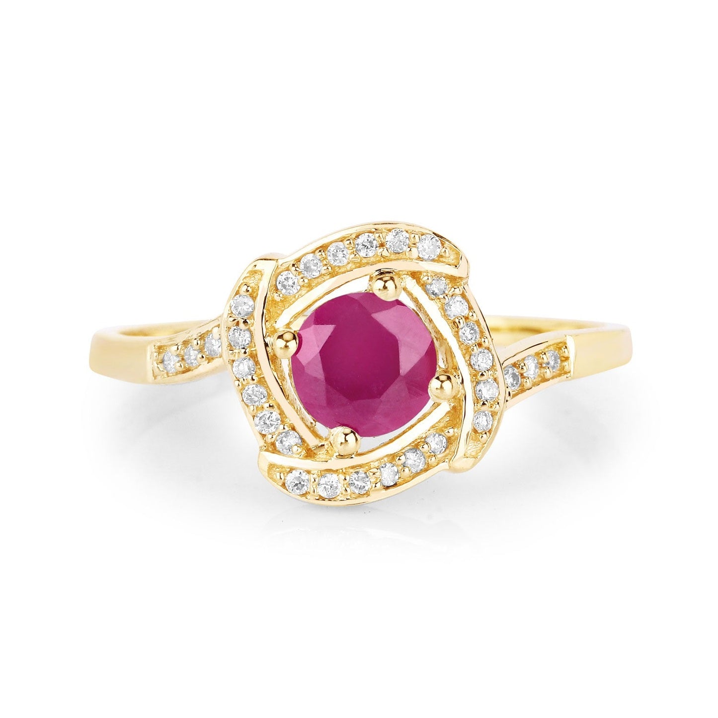 0.55 Ct Round Pink Ruby & Diamond Prong 14K Yellow Gold Halo Bypass Ring