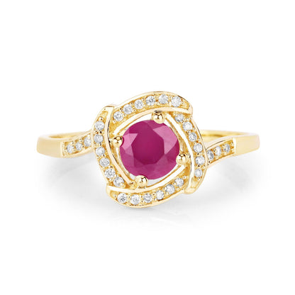 0.55 Ct Round Pink Ruby & Diamond Prong 14K Yellow Gold Halo Bypass Ring