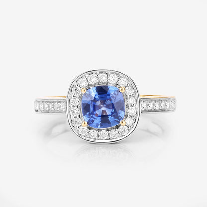 1.31 Ct Cushion Blue Sapphire and White Diamond Prong 18K Yellow Gold Halo Pave Bridge Ring