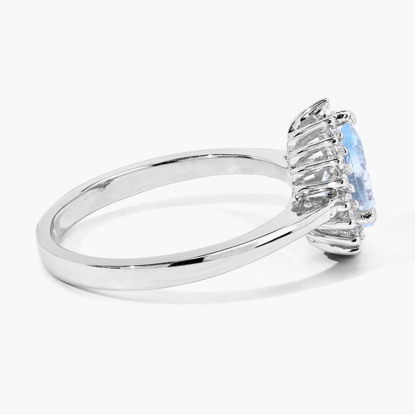 0.83 Ct Pear Blue Aquamarine & Lab Diamond Prong Silver Halo Ring