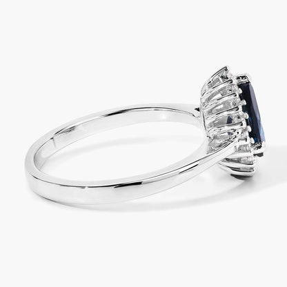 1.15 Ct Pear London Blue Topaz & Lab Diamond Prong Silver Halo Ring