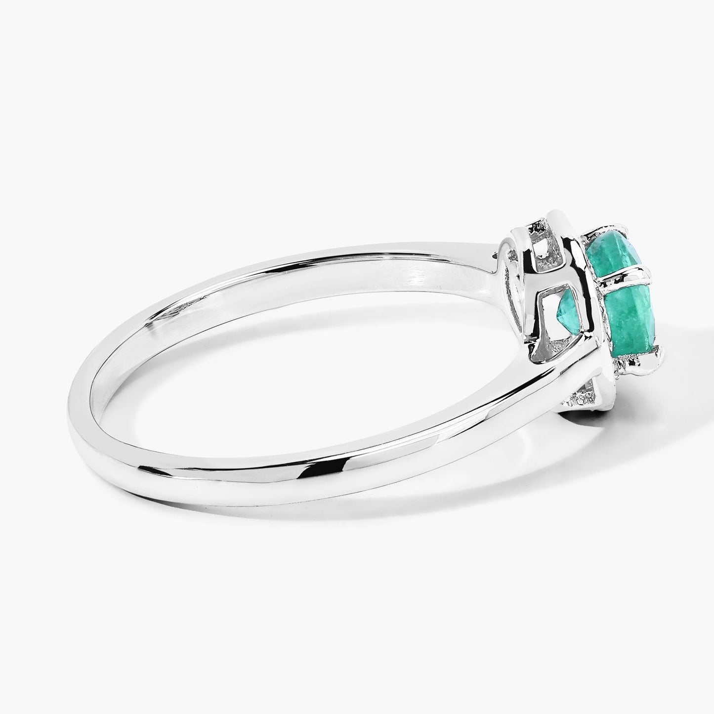 0.42 Ct Round Green Zambian Emerald & Lab Diamond Prong Silver Halo Statement Ring