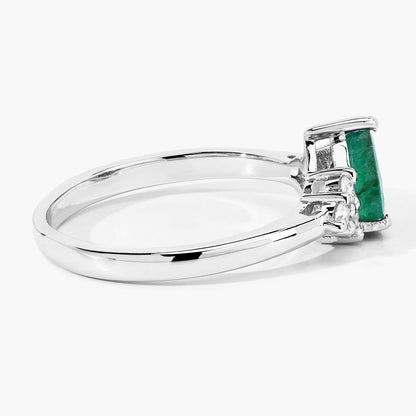 0.65 Ct Pear Green Zambian Emerald and Lab Diamond Prong Silver Cocktail Ring