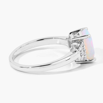 1.05 Ct Octagon White Ethiopian Opal and Lab Diamond Prong Silver Cocktail Ring