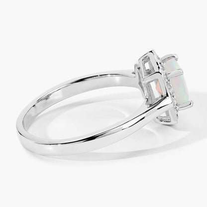 0.60 Ct Round White Ethiopian Opal and Lab Diamond Prong Silver Halo Ring