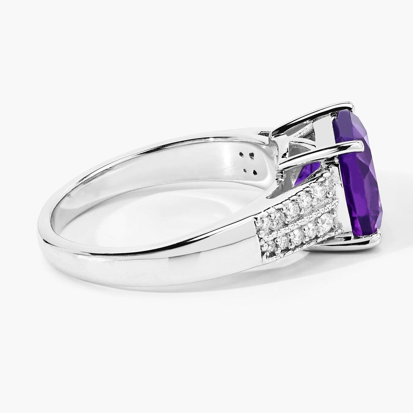 2.60 Ct Cushion Purple Amethyst and Lab Diamond Prong Silver Pave Bridge Ring
